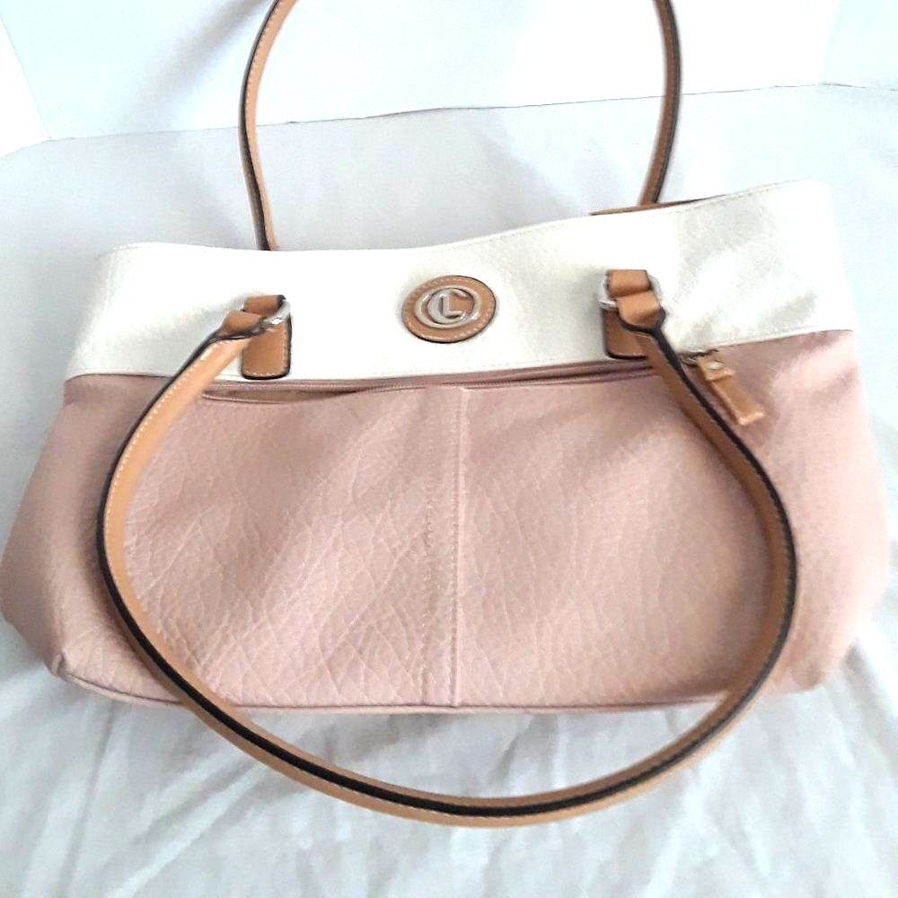 CL Leather Handbag Pink and Tan Shoulder Bag Multi Inside and Outside Pockets
